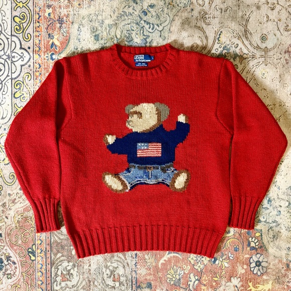 Ralph Lauren Other - RARE  Vintage 90s Polo Ralph Lauren Bear Sit Down Knit Wool Sweater Size L Red🔥